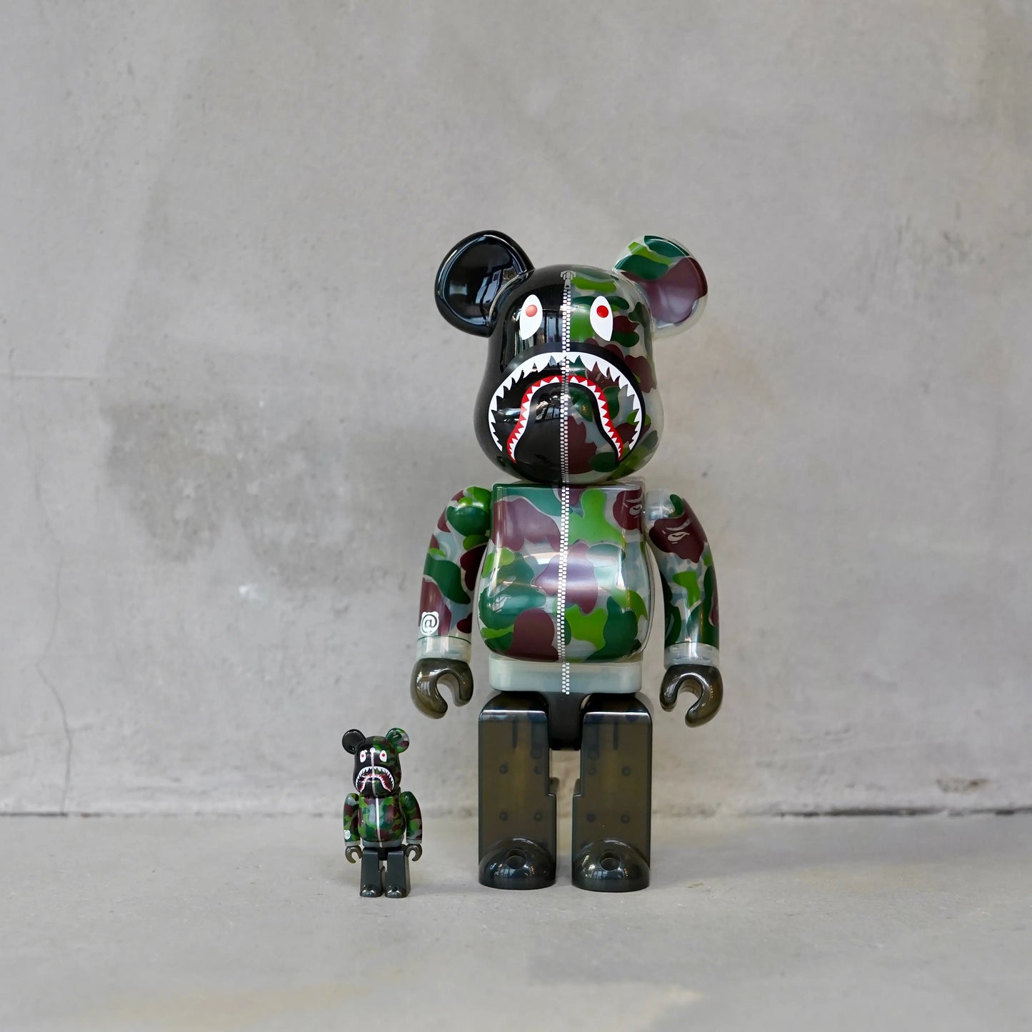 Bearbrick x BAPE ABC Camo Shark 100% & 400% Set Clear Green OKO MAISON