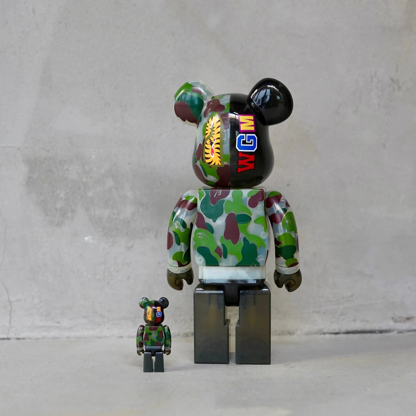 Bearbrick x BAPE ABC Camo Shark 100% & 400% Set Clear Green OKO MAISON